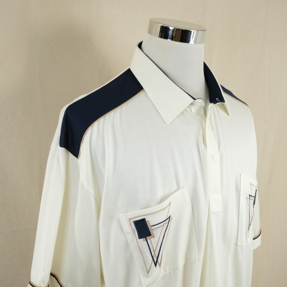 NEW Alan Stuart XXL Vintage Polo Shirt White Geometric Banded Bottom Mens
